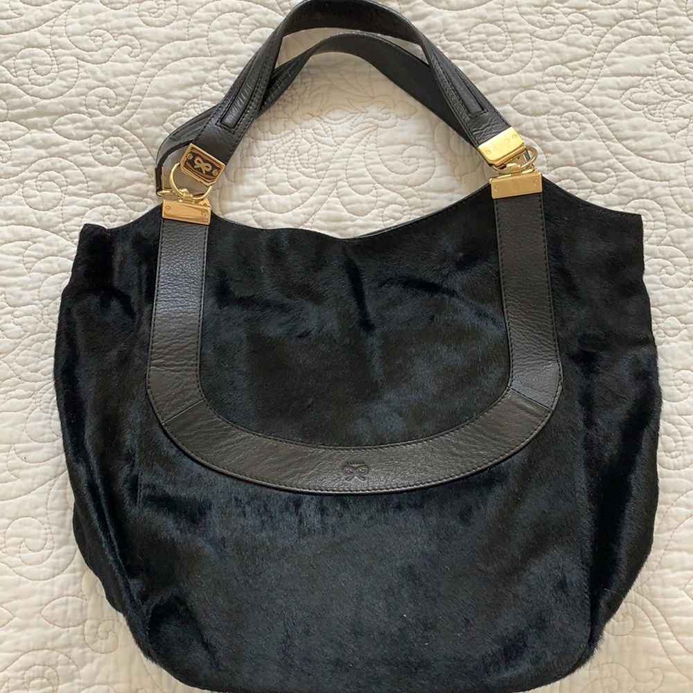 Anya Himdmarch bag - leather with black rabbit fur